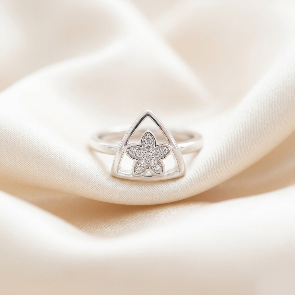 Triangular Silver Floral Ring displayed beautifully on draped, silky cream fabric.