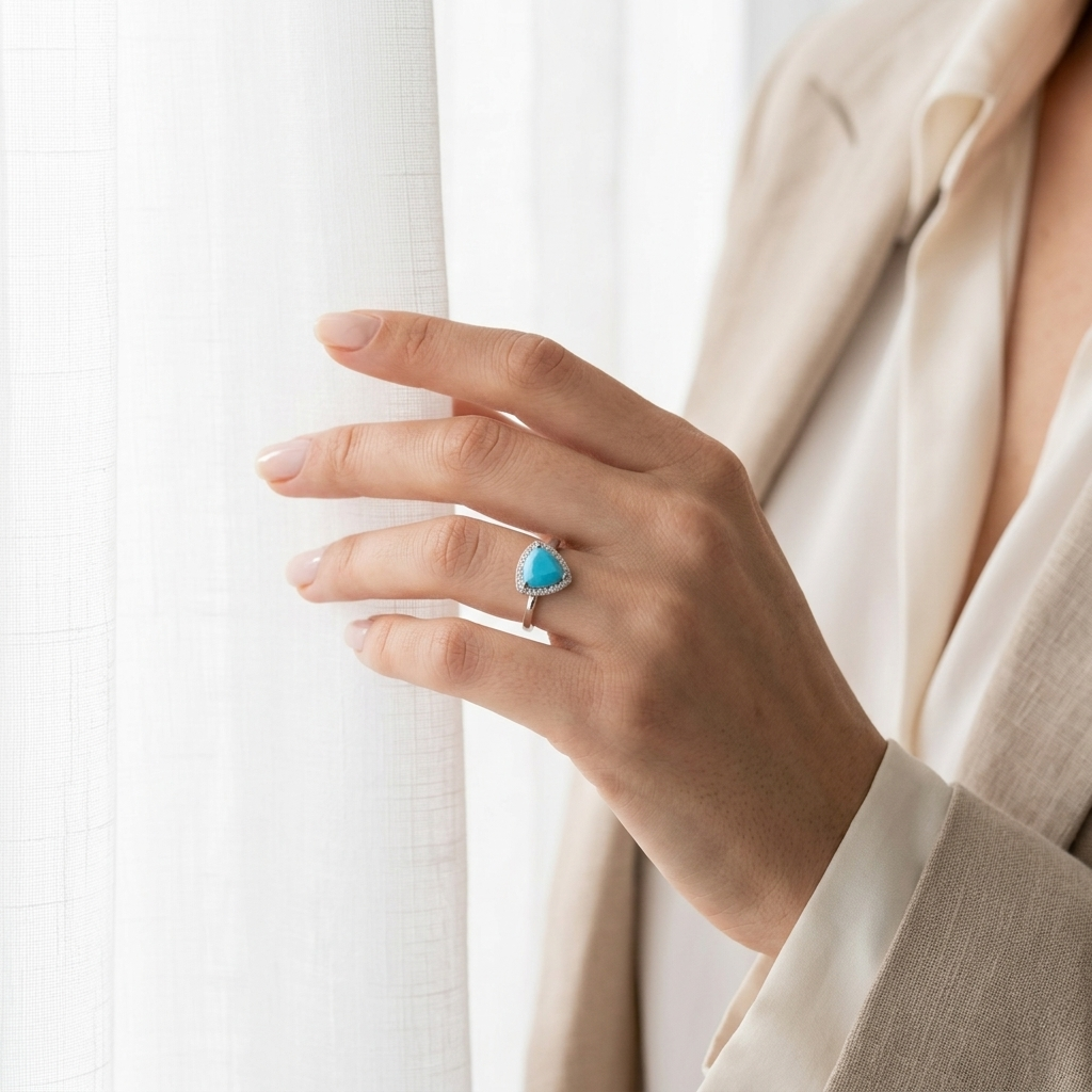 Woman in a beige blazer standing by a sheer white curtain wearing the Trillion Cut Firoza Silver Halo Ring