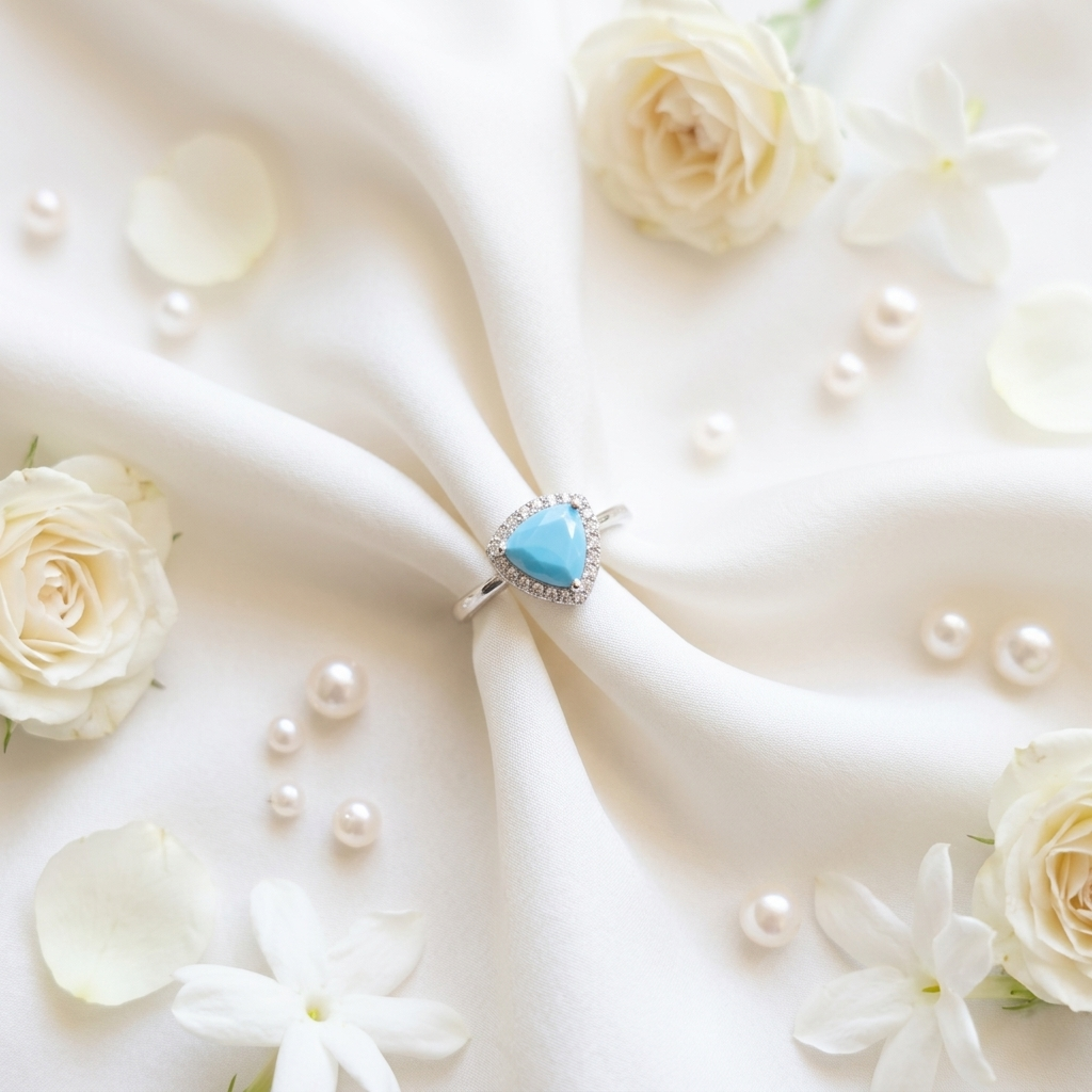 Close up of the Trillion Cut Firoza Silver Halo Ring resting on folded white fabric with white roses and pearls Image