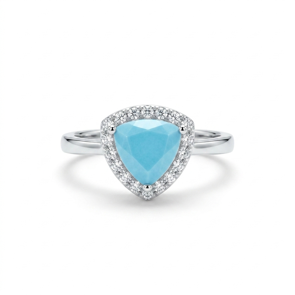 Front view of the Trillion Cut Firoza Silver Halo Ring featuring a triangular vibrant blue center stone surrounded by a crystal halo against a white background