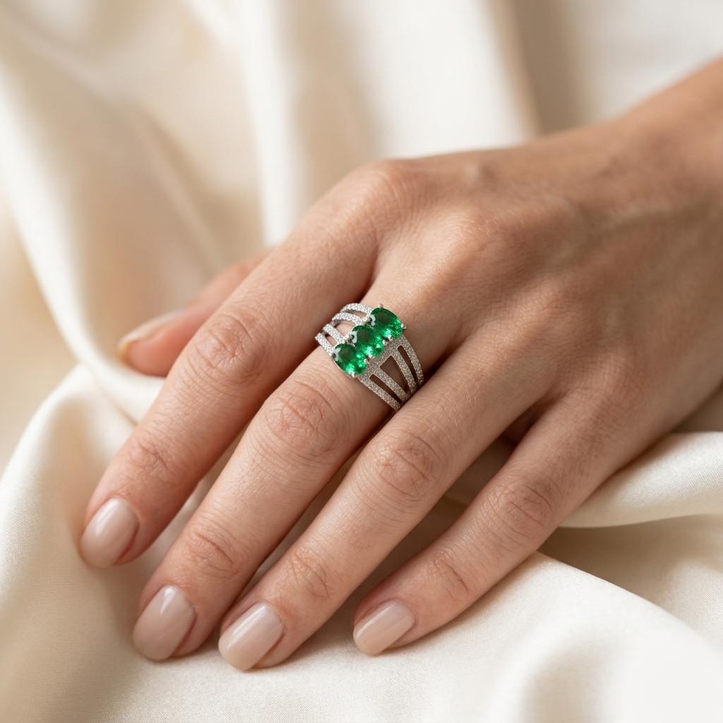 Woman's hand wearing a Triple Oval Green Gemstone Silver Statement Ring resting on ivory silk