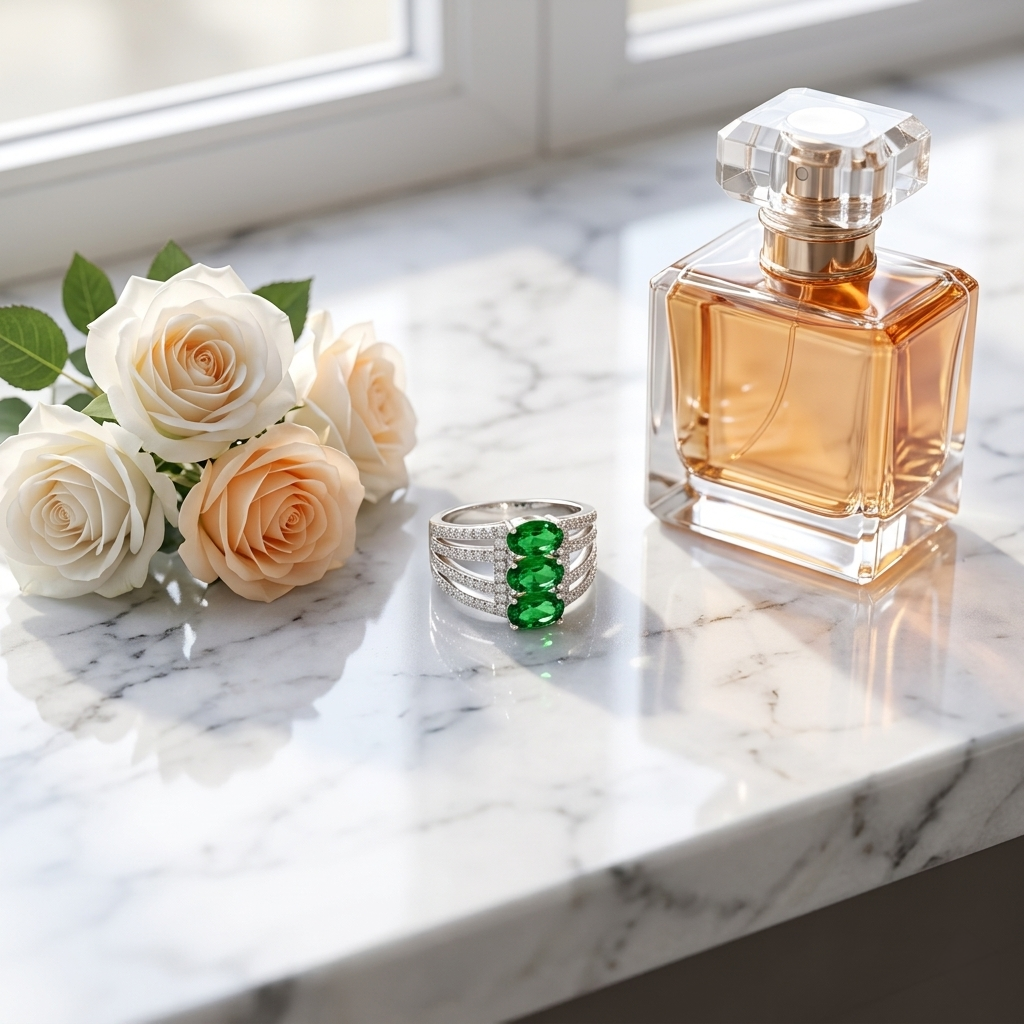 Triple Oval Green Gemstone Silver Statement Ring placed on a marble surface next to white and peach roses and a perfume bottle
