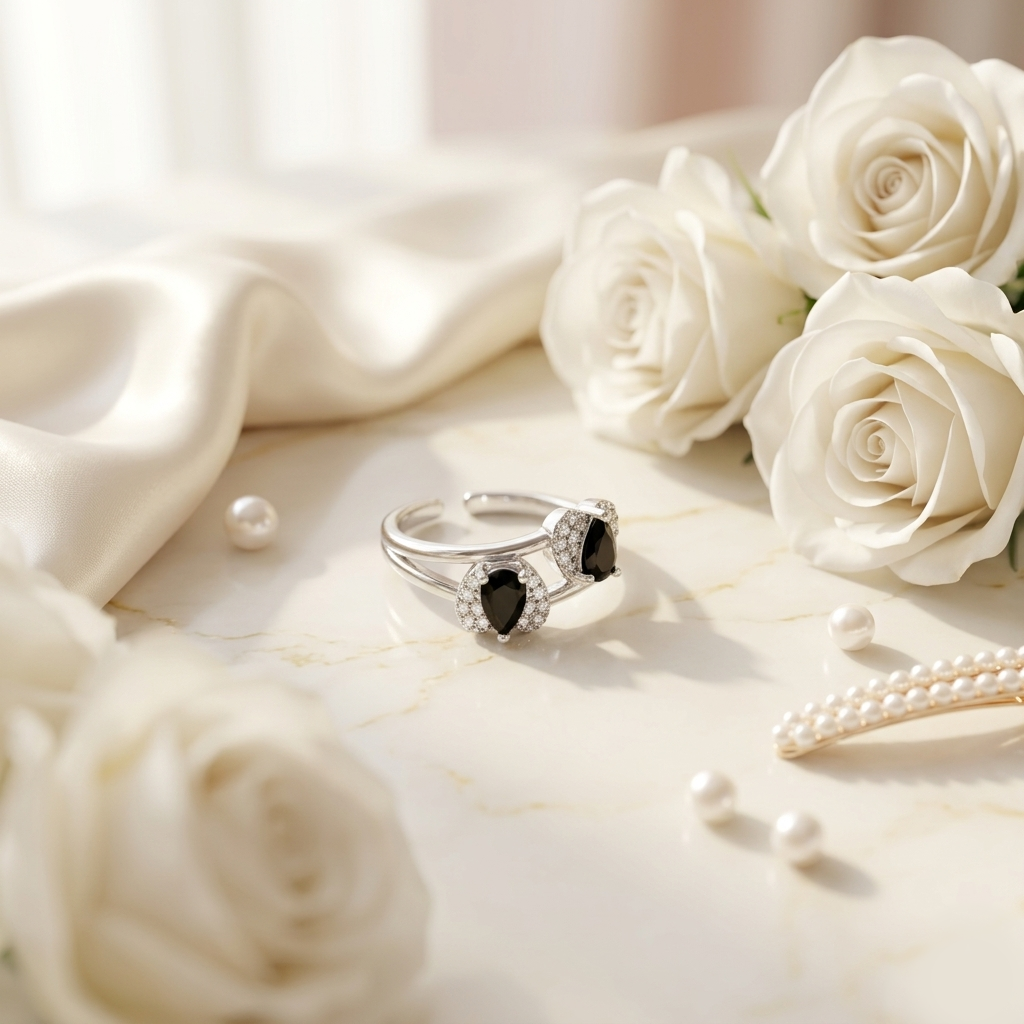 Twin Teardrop Black Stone Adjustable Silver Ring displayed on white marble alongside white roses and scattered pearls