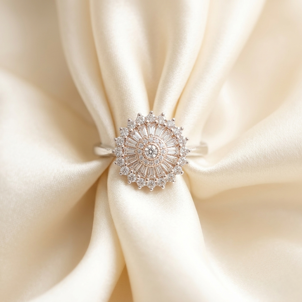 Close-up of the Two-Tone Crystal Sunburst Statement Ring resting on gathered cream silk fabric, highlighting its baguette stones 