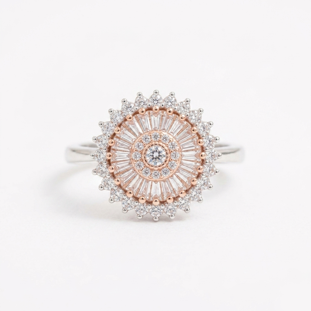 Frontal view of the Two-Tone Crystal Sunburst Statement Ring against a solid white background