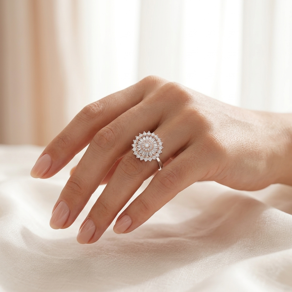 A woman's hand wearing the large Two-Tone Crystal Sunburst Statement Ring, resting gently on a soft white cloth 