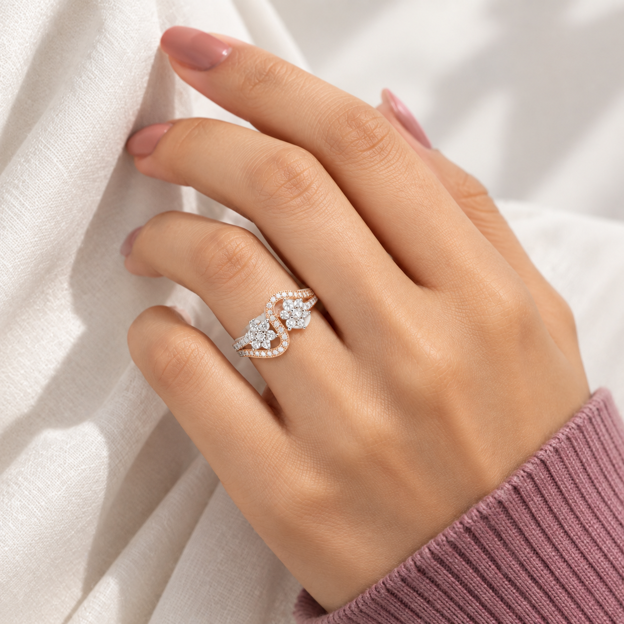 Two Tone Twin Stone Bypass Ring