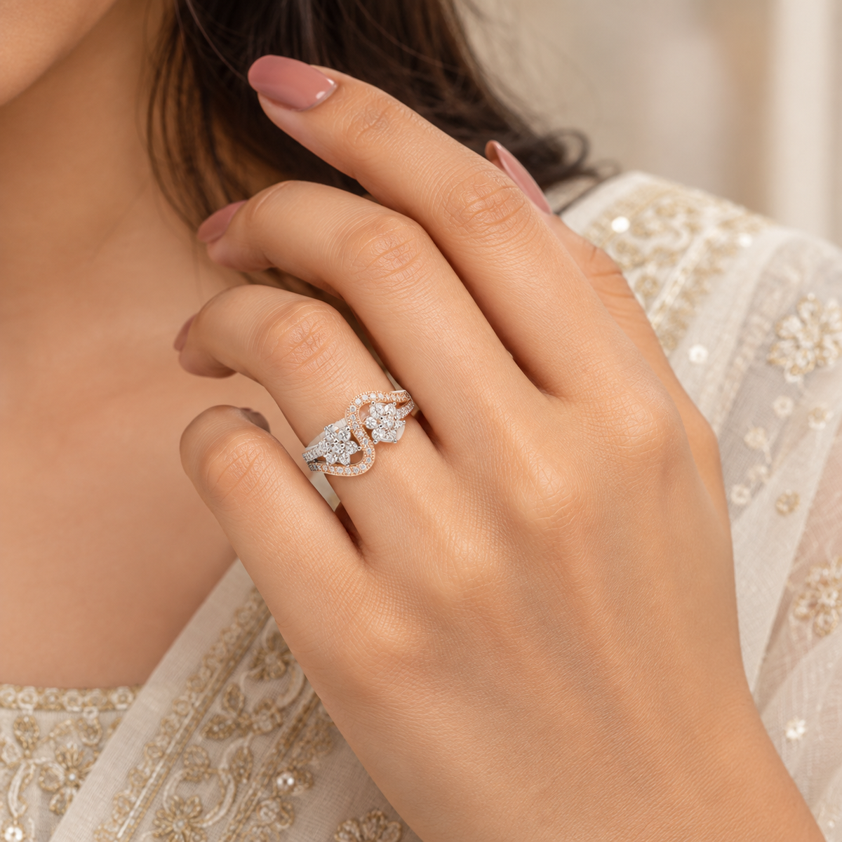 Two Tone Twin Stone Bypass Ring