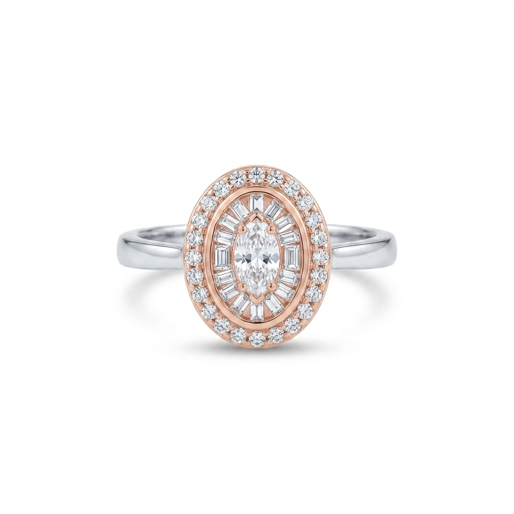 Close-up studio shot of a Two-Tone Vintage Oval Halo Ring featuring a silver band and a rose gold-toned oval halo containing marquise and baguette stones.