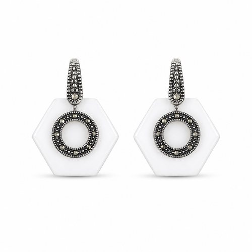 White Hexagon Oxidized Silver Statement Earrings